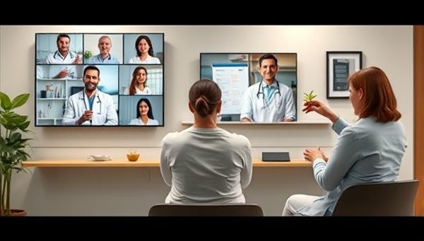 A virtual waiting room scene with diverse healthcare providers on screens, a patient engaging in a telemedicine consultation with a doctor, and a nutritionist discussing a personalized meal plan, highlighting the integrated and holistic care approach of Wellness Connect Hub.