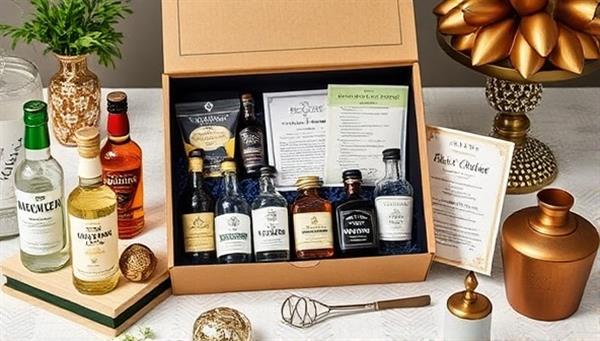 An elegantly designed cocktail kit box filled with miniature bottles, fresh ingredients, and recipe cards, surrounded by bar tools and decorative accents, evoking a sense of sophistication and creativity for a DIY craft cocktail experience at home.