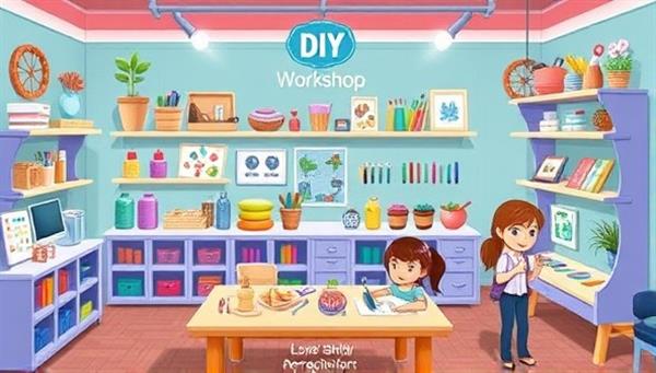 A colorful virtual craft studio scene with an assortment of craft supplies, tools, and finished projects displayed on shelves, accompanied by animated characters creating handmade crafts, conveying the joy and creativity of the online DIY workshop platform.