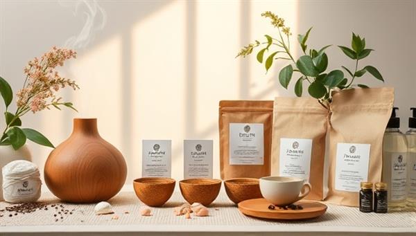 A serene spa setting with diffusers emitting calming scents, herbal tea blends beautifully displayed, and self-care kits arranged in a tranquil space, conveying the essence of ZenCraft Essentials