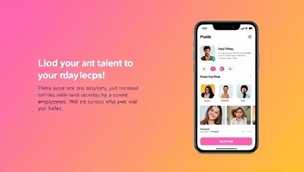 An app interface mockup showing a user-friendly profile creation screen with options to upload photos, videos, and skills, highlighting the ease of showcasing talent to potential employers.