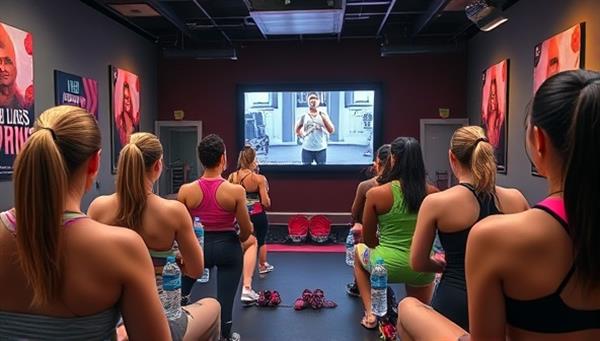 An energetic virtual fitness class scene with participants following along with an instructor on a screen, surrounded by workout equipment, water bottles, and motivational posters, creating a dynamic and active atmosphere.
