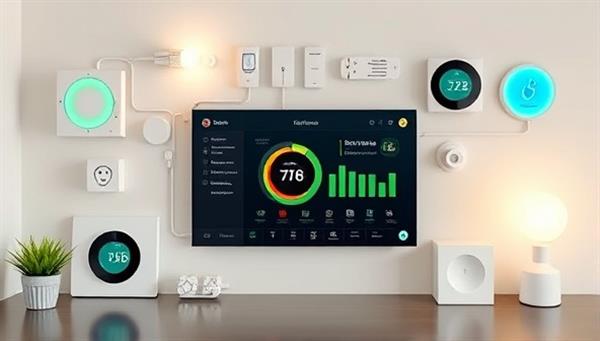 A modern smart home layout with interconnected devices such as smart thermostats, lighting controls, and energy monitors, displaying real-time energy consumption data on a central dashboard, portraying efficiency and eco-conscious living.