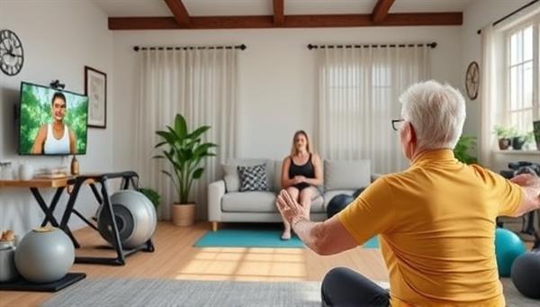 An uplifting virtual fitness session with a senior individual following the guidance of a coach on screen, surrounded by home fitness equipment and wellness resources, portraying a supportive and active lifestyle for older adults.