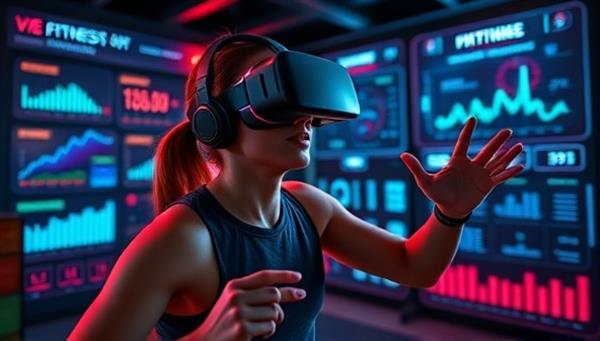 An immersive virtual reality fitness environment featuring a user wearing a VR headset engaging in a high-energy workout session, surrounded by digital fitness metrics, interactive challenges, and motivational cues, showcasing the dynamic and engaging fitness experience.