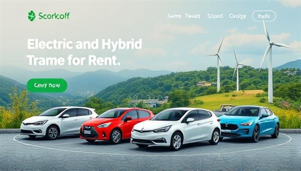 An engaging website banner showcasing a lineup of electric and hybrid vehicles available for rent, set against a backdrop of lush green landscapes and renewable energy sources, illustrating the concept of sustainable travel and eco-friendly transportation.