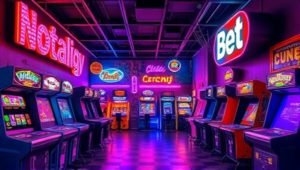 An artistic rendering of a vibrant retro arcade lounge with neon lights, colorful arcade cabinets, and a mix of classic and modern gaming setups, capturing the nostalgic and energetic atmosphere of the Nostalgia Bet Arcade for customers to enjoy.