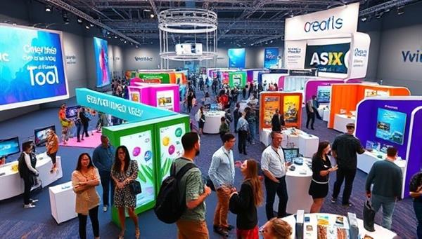An interactive virtual event space with colorful virtual booths, engaging activities, and a diverse group of avatars networking and enjoying the event, conveying a vibrant and immersive online event experience.