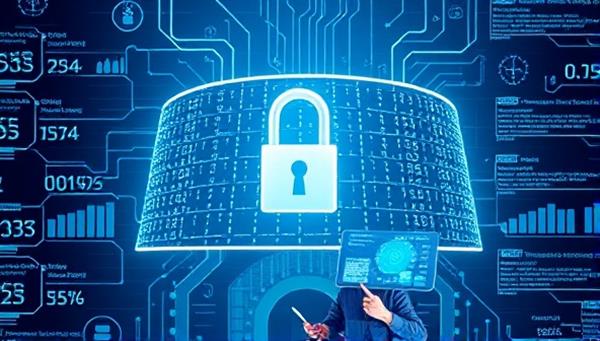 An artistic representation of a digital fortress surrounding financial data on a blockchain, with a padlock symbolizing security and transparency, and a user interacting with the platform on a tablet, emphasizing protection and control over personal finance.