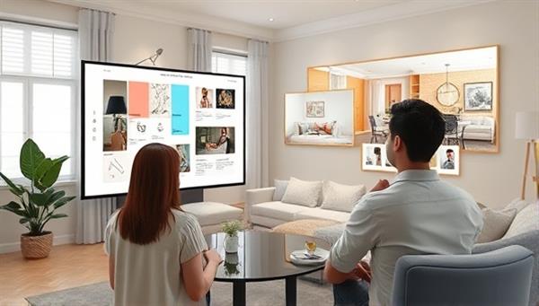 An artistic rendering of a virtual interior design consultation session, with a designer showcasing mood boards and color schemes on a digital screen while the client views room visualizations in real-time, creating an interactive and visually appealing design experience.