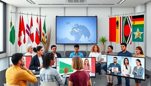 A virtual global meeting room with diverse avatars representing different cultures, flags of various countries in the background, language exchange dialogues happening in real-time, and interactive cultural activities displayed on screens, fostering a sense of unity and diversity.