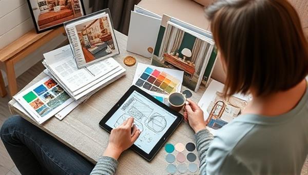 A virtual design studio setup with a designer sketching on a digital tablet, surrounded by color swatches, fabric samples, and interior decor magazines, creating a stylish and creative workspace for online consultations and design planning.