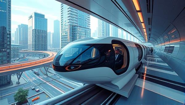 An innovative concept art depicting sleek hyperloop pods zooming through a futuristic urban landscape, with passengers enjoying a comfortable and ultra-fast travel experience inside the vacuum-sealed capsules, symbolizing the next frontier in high-speed inter-city commuting.