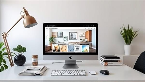 A sleek and modern home office setup with virtual design consultation software displayed on a computer screen, alongside swatches of fabric and color samples, illustrating the seamless integration of technology and design aesthetics.