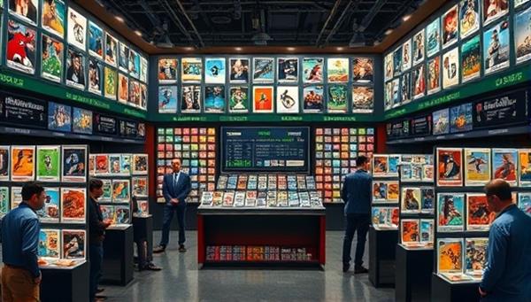 An artistic depiction of a digital marketplace showcasing rare trading cards displayed in a virtual gallery, with animated card movements and price fluctuations, surrounded by virtual collectors and investors engaging in trades and discussions, symbolizing the dynamic and lucrative world of trading card investments on CardStock Capital.