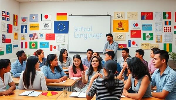 An engaging visual of a virtual language classroom filled with diverse students speaking different languages, sharing cultural insights, and learning from each other, symbolizing the vibrant and inclusive learning environment fostered by GlobalLingoConnect for global language enthusiasts.