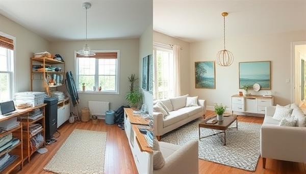 A split-screen image showing a room before and after virtual staging, with one side cluttered and empty, and the other side beautifully staged with modern furniture and decor, highlighting the transformation potential of virtual staging services.