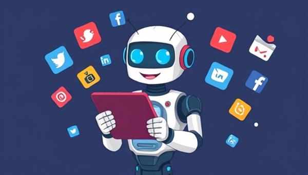 An illustration of a friendly robot holding a tablet with social media icons floating around it, symbolizing efficiency and automation in social media marketing.