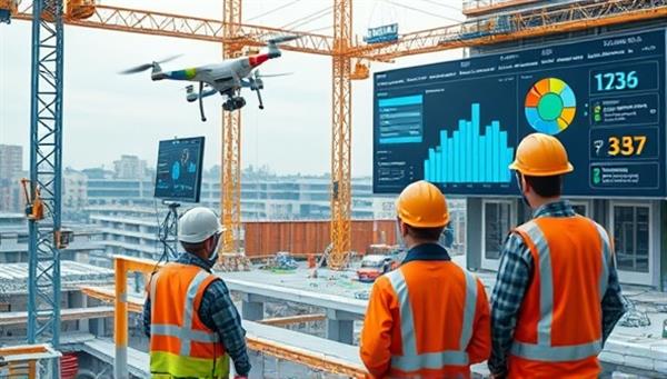 A construction site equipped with IoT sensors, wearable safety devices on workers, drones for site monitoring, and a control center displaying real-time safety analytics and alerts, illustrating the advanced and tech-savvy approach to construction safety.