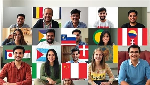 A diverse group of individuals from different cultural backgrounds engaging in a virtual language learning session, with language exchange activities, virtual flags representing various countries, and a vibrant online learning atmosphere, capturing the essence of LingoVerse
