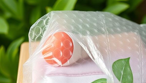 A close-up image of biodegradable bubble wrap wrapping a delicate item, with a visible leaf motif on the packaging material, symbolizing sustainability and protection, against a backdrop of greenery to emphasize the eco-friendly aspect of the product.