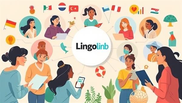 An artistic depiction of diverse language learners engaging in virtual conversations, language practice sessions, and cultural exchanges through LingoLink Hub, showcasing the platform