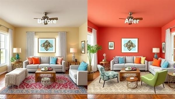A split-screen image showing a cozy living room before and after a virtual interior design consultation, with vibrant colors, stylish furniture arrangements, and decorative accents transforming the space.