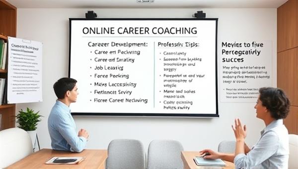 An online career coaching session scene with a virtual whiteboard displaying career development strategies, job search tips, and professional networking advice, accompanied by motivational quotes and success stories, inspiring users to take proactive steps towards their career goals.