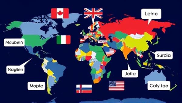 A digital world map with different language flags representing the diverse linguistic community of the platform, accompanied by speech bubbles with phrases in various languages, symbolizing connection, learning, and cultural exchange.