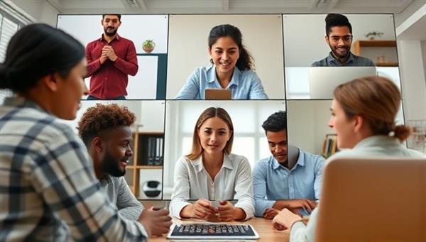 An online meeting scene with a diverse group of remote employees engaged in a virtual team-building activity, showcasing collaboration and inclusivity in a digital workspace.