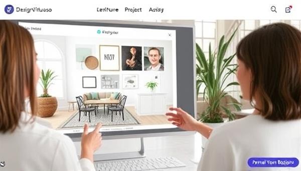 A virtual interior design consultation session featuring a designer presenting a digital mood board with color schemes, furniture options, and decor accents for a client