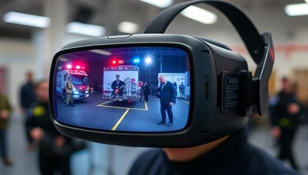 A virtual reality headset displaying a simulated public safety scenario, with emergency responders in action, creating an immersive and realistic training environment for professionals.