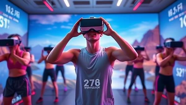 An exhilarating visual of a user immersed in a VR fitness class, surrounded by virtual landscapes and fitness challenges, with digital workout metrics displayed in the virtual environment, showcasing the innovative and engaging nature of VR fitness experiences.