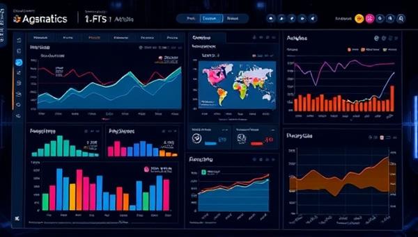 A futuristic digital dashboard displaying real-time data analytics and ad performance metrics, with dynamic graphs and charts showing the optimization of ad placements based on audience behavior and engagement patterns, highlighting the efficiency of data-driven programmatic advertising.