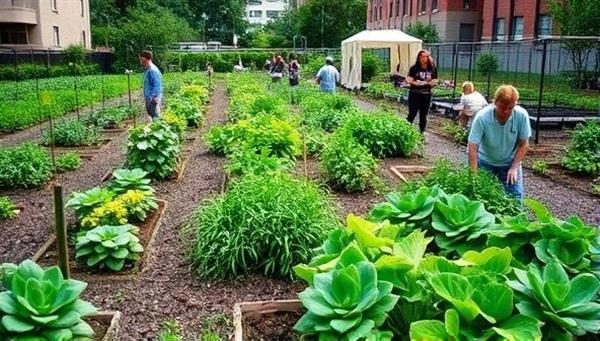 An urban community garden filled with diverse plant varieties, with individuals of different ages and backgrounds tending to their plots, creating a vibrant and green oasis in the midst of a cityscape.