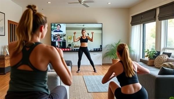 A virtual workout session scene with a fitness coach leading an exercise class via video call, participants following along from their home spaces, displaying a dynamic and interactive online fitness coaching experience.