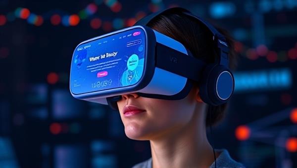 An artistic representation of a person wearing a VR headset, immersed in a virtual world showcasing a 3D website design with interactive elements, illustrating the innovative VR Web Studio concept.