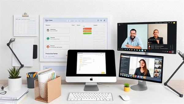 A digital workspace setup with productivity tools, goal trackers, and virtual coaching sessions in progress, illustrating a dynamic and efficient environment for entrepreneurs receiving online productivity coaching and business growth support.