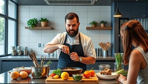 An enticing image of a chef in a virtual kitchen, surrounded by fresh ingredients and cooking utensils, demonstrating a cooking technique to a group of virtual participants, capturing the essence of interactive culinary masterclasses.