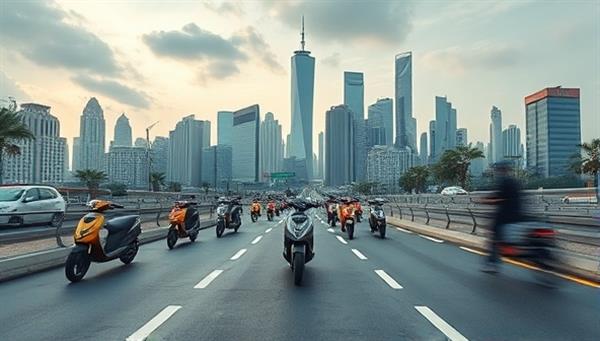 An urban landscape featuring a futuristic city skyline with colorful electric scooters zipping through dedicated lanes, showcasing a modern and tech-forward vision of urban transportation.