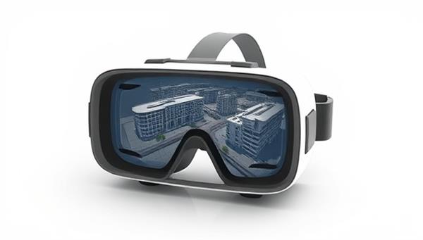 A VR headset displaying a virtual construction site with detailed building models, interactive tools for design modifications, and construction progress tracking, creating a futuristic and immersive experience for clients and stakeholders.
