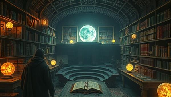 A mysterious digital library filled with ancient scrolls, glowing orbs, and eerie artifacts from different cultures, surrounded by shadowy figures hinting at the diverse legends waiting to be uncovered, evoking a sense of intrigue and exploration.