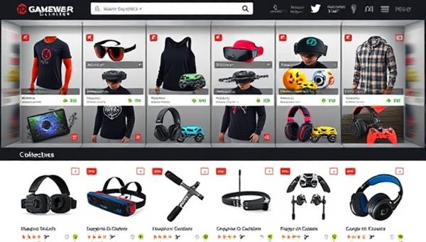 An online marketplace display featuring a variety of interactive gaming merchandise, including wearable tech, cosplay props, and collectibles, presented in a visually appealing and organized layout to attract buyers and sellers on GameWear Exchange.