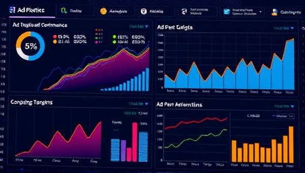 A digital interface displaying real-time data analytics and ad performance metrics, with dynamic graphs and charts illustrating the platform