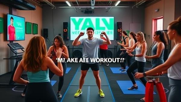 A dynamic workout environment with a virtual fitness trainer leading a high-energy challenge, surrounded by digital fitness trackers, exercise equipment, and a diverse group of participants joining the virtual workout, conveying a sense of motivation and community in achieving fitness goals.