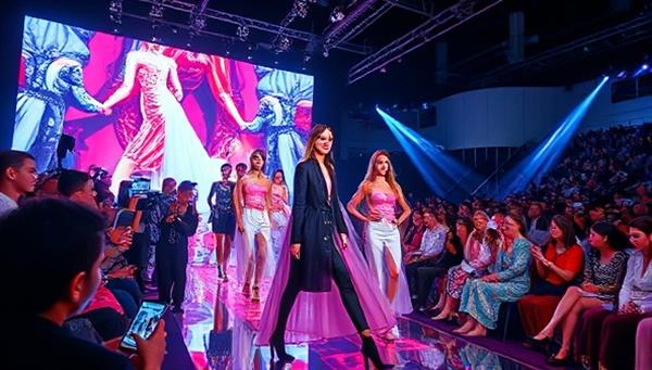 An artistic representation of a virtual fashion show with models showcasing digital garments in an AR environment, surrounded by virtual audience reactions and interactive shopping features, capturing the immersive and futuristic AR runway experience.