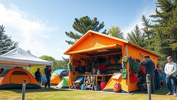 A dynamic outdoor setting with a pop-up shop showcasing colorful tents, backpacks, and outdoor gear under a clear sky, surrounded by lush greenery and adventure seekers trying out equipment, encapsulating the excitement and freedom of outdoor exploration and gear rental experiences.