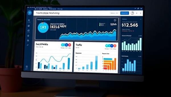A dynamic digital marketing dashboard displayed on a computer screen, showing real-time website traffic, social media engagement metrics, and conversion rates, symbolizing data-driven strategies and results.