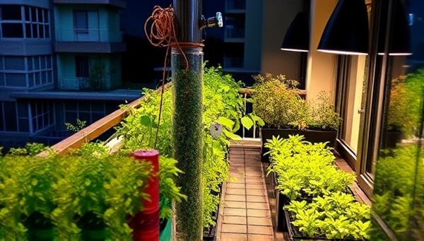 An urban balcony transformed into a lush green garden with the smart urban farming kit in action, showcasing a variety of thriving plants under vibrant LED lights.