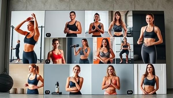 A professional influencer agency setup featuring a virtual talent showcase with fitness influencers showcasing workout routines, product endorsements, healthy recipes, and motivational content, highlighting the diverse and influential talent pool represented by Fitfluence Agency.